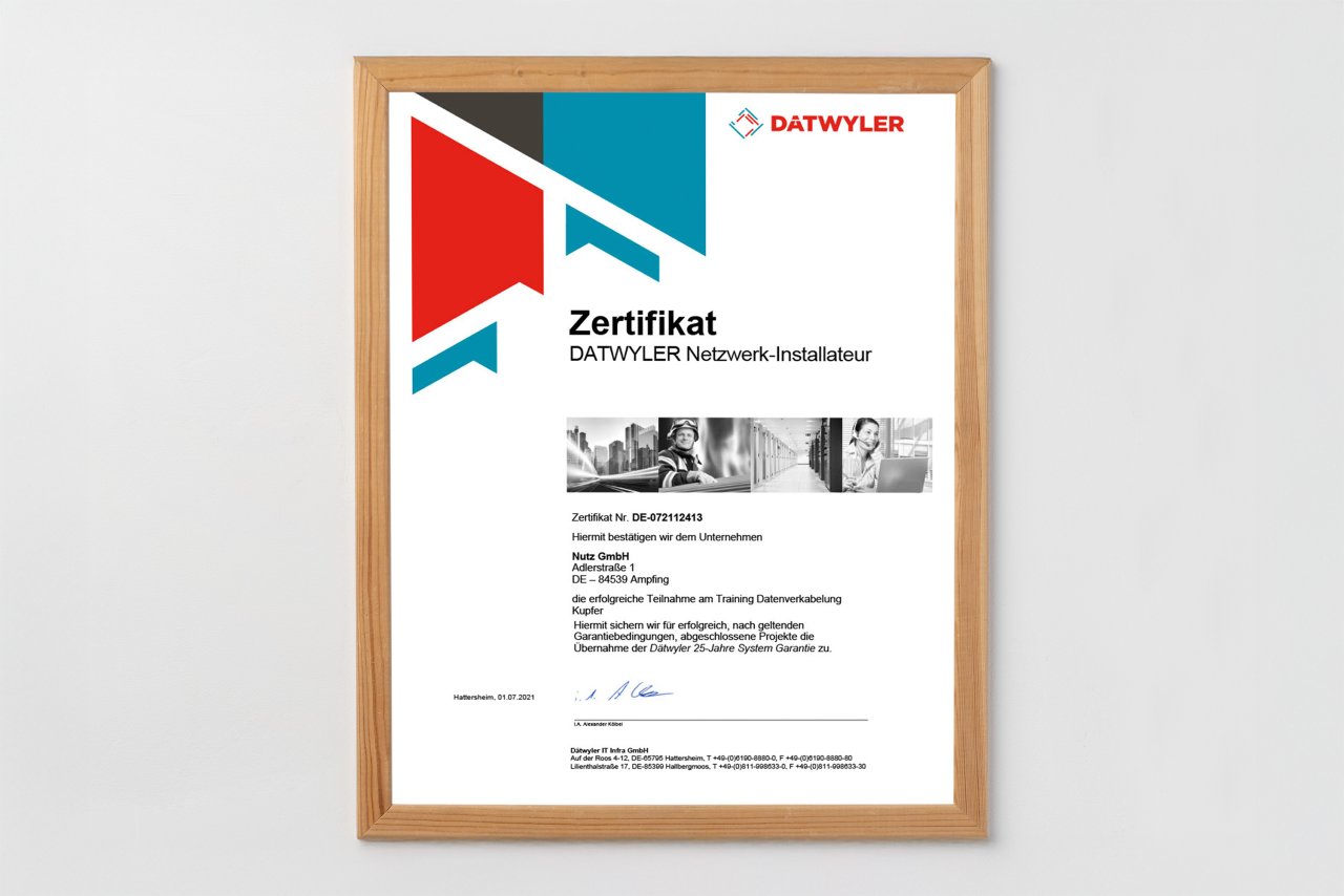 Zertifikate der Nutz GmbH: DATWYLER Netzwerk-Installateur